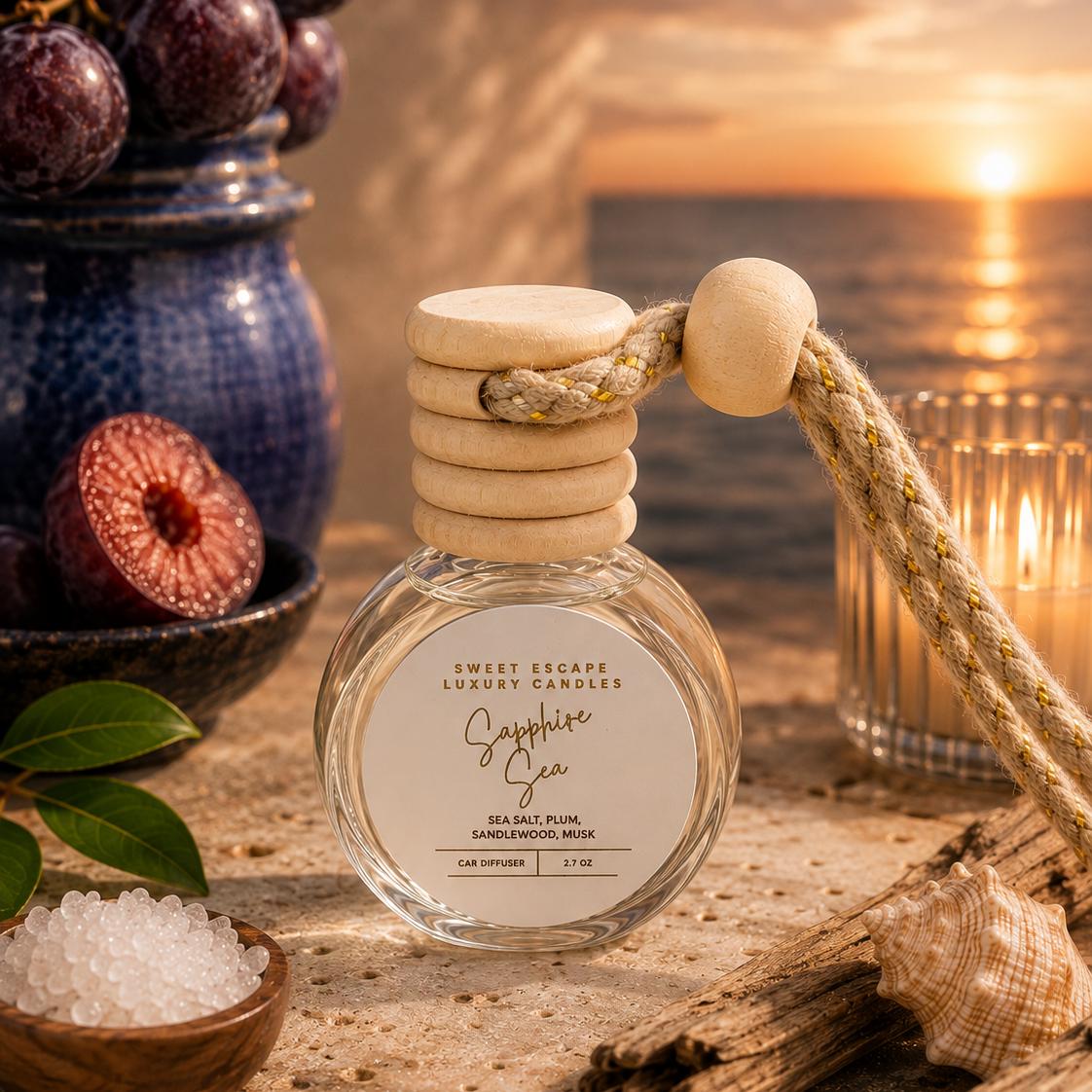 A clear glass car diffuser bottle with a light wood cap and rope loop, labeled 'Sophia Sea Salt & Sand' by Sweet Escape Luxury Candles, styled on a beach-themed surface with a sunset ocean background, grapes, a candle, salt, and seashells.