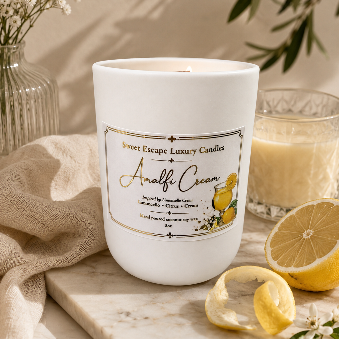 A white scented candle jar labeled 'Anaffic Cream' by Sweet Escape Luxury Candles, styled on a marble board with lemon slices, a beige cloth, and greenery in a warm, clean setting.
