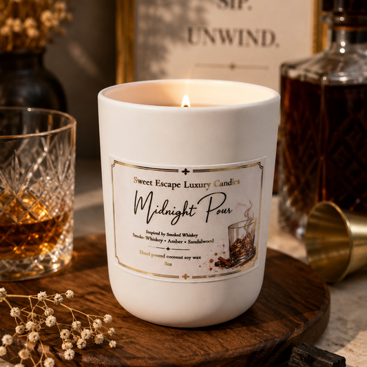 A white scented candle labeled 'Sweet Escape Luxury Candle Midnight Pour' sits lit on a wooden tray, styled with a whiskey glass, bottle, jigger, dried flowers, and charcoal pieces in a warm indoor setting.