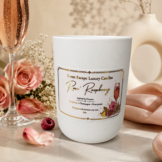 A white scented candle labeled 'Rose Raspberry' by Sweet Escape Luxury Candles, styled on a marble surface with pink rose petals, a glass of sparkling rosé champagne, and soft pink fabric in a warm, elegant setting.