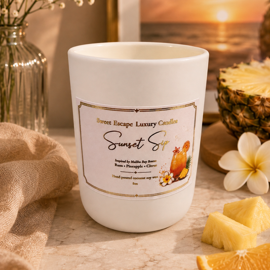 A white ceramic candle jar labeled 'Sweet Escape Luxury Candles Sunset Sip' sits on a marble surface with tropical props including pineapple, orange slices, a plumeria flower, and dried flowers against a sunset ocean backdrop.