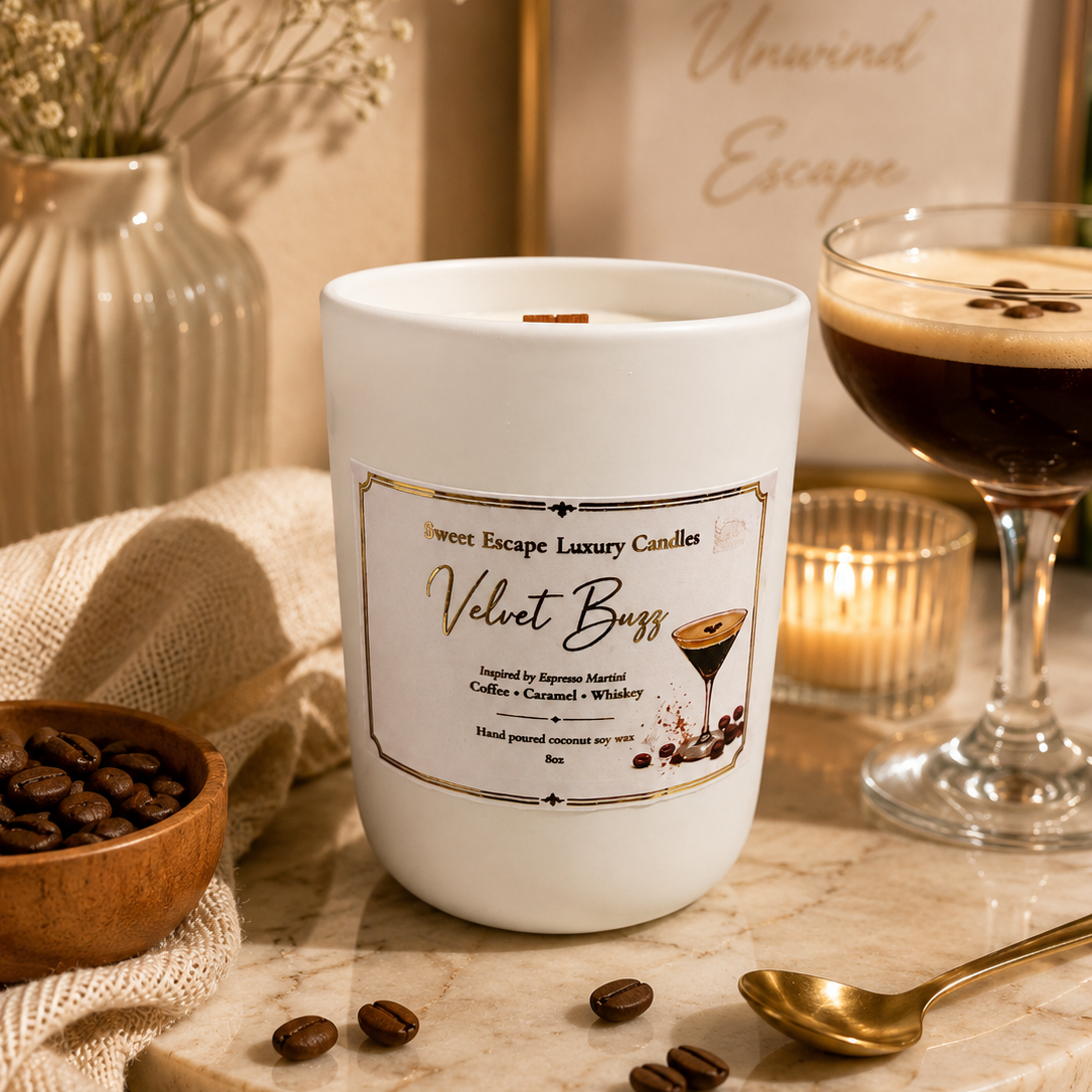 A white scented candle labeled 'Velvet Buzz' by Sweet Escape Luxury Candles, styled on a marble tray with coffee beans, a glass of espresso, and a candle in a warm, cozy setting.