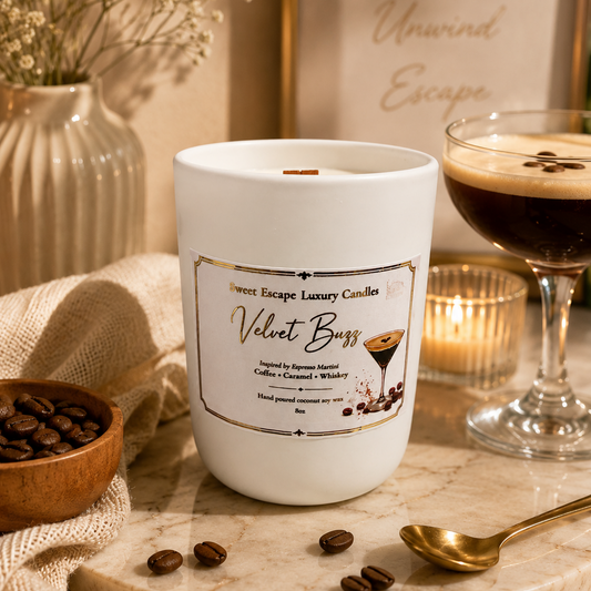 A white scented candle labeled 'Velvet Buzz' by Sweet Escape Luxury Candles, styled on a marble tray with coffee beans, a glass of espresso, and a candle in a warm, cozy setting.